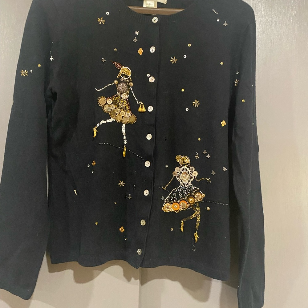 Black “Gold Sequined Dancing Ladies” button down sweaters